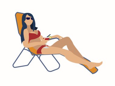 Kız bir şezlongda yatıyor, moda mayosu. Ayrı bir nesne. Minimalist tarzda Karikatür düz raster
