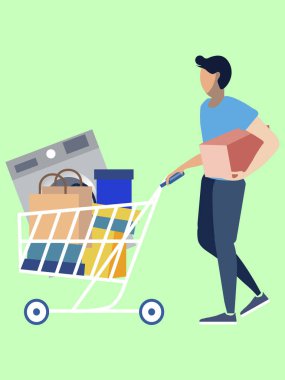 Alıcı, elektrikli aletlerle el arabasını yuvarlıyor. Minimalist tarzda Karikatür düz raster