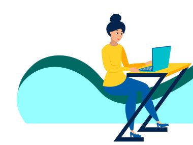 Resepsiyondaki kız, dizüstü bilgisayarla çalışıyor. Minimalist tarzda Karikatür düz raster
