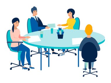 Toplantı, ofis personeli toplantısı. Bir proje üzerinde çalış, sözleşmenin sonu. Minimalist tarzda Karikatür düz raster