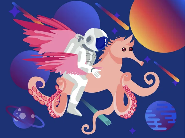 Fantasy, astronaut riding a seahorse with octopus tentacles. Space background. In minimalist style Cartoon flat raster — Stock Photo, Image