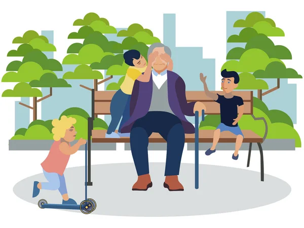 Abuelo jugando con nietos en el parque. En estilo minimalista Dibujos animados raster plano —  Fotos de Stock