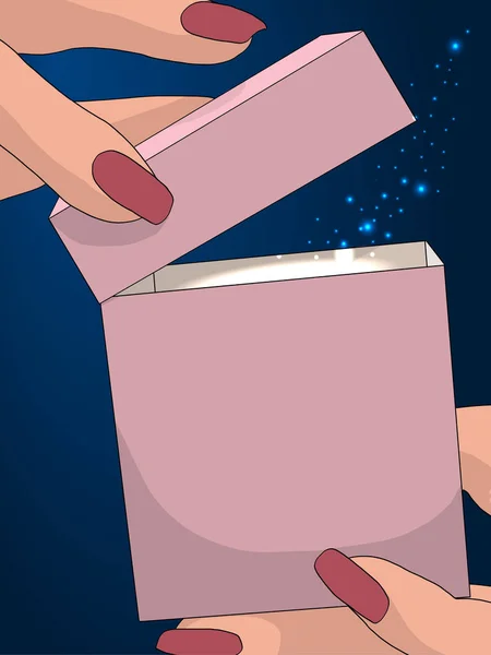 Magia. As mulheres mãos abrem uma caixa de presente. Abstrato raster ilustração poligonal sobre fundo azul escuro com estrelas — Fotografia de Stock