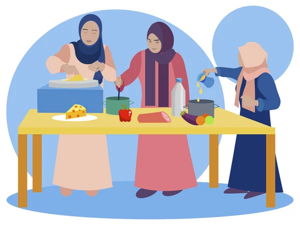 Les femmes musulmanes cuisinent dans la cuisine. Enseigner les filles recettes nationales. Dans un style minimaliste Dessin animé plat raster — Photo