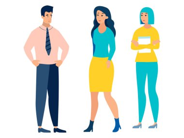 İnsanlar beyaz arka planda izole edilmiş, erkek ve iki kadın. Minimalist tarzda Karikatür düz raster