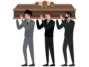 Cenaze töreninde tabutu erkekler taşır. Minimalist tarzda karikatür düz raster, beyaz arkaplanda izole.