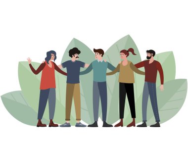 Beş kişi, fotoğraf için poz veren bir grup arkadaş. Minimalist tarzda Karikatür düz raster