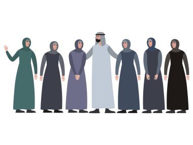 Müslüman bir aile, haremi olan bir adam. Minimalist tarzda karikatür düz raster, beyaz arkaplanda izole.