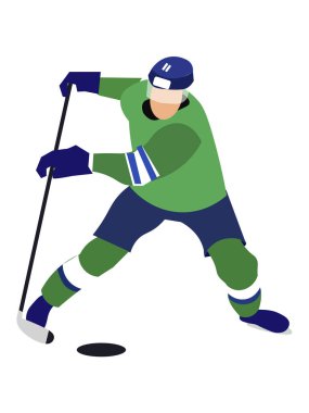 Ayrı bir sporcu, beyaz arka planda hokey oyuncusu. Minimalist tarzda Karikatür düz raster
