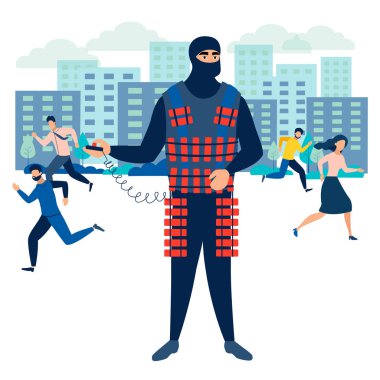 Terörist, toplumu bomba patlatmakla tehdit ediyor. Minimalist tarzda Karikatür düz raster