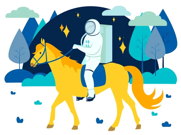 Fantastic, astronaut rides a yellow horse. In minimalist style Cartoon flat raster