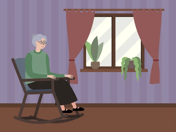 Babcia siedzi przy oknie na bujanym krześle. W minimalistycznym stylu Cartoon płaski raster — Zdjęcie stockowe