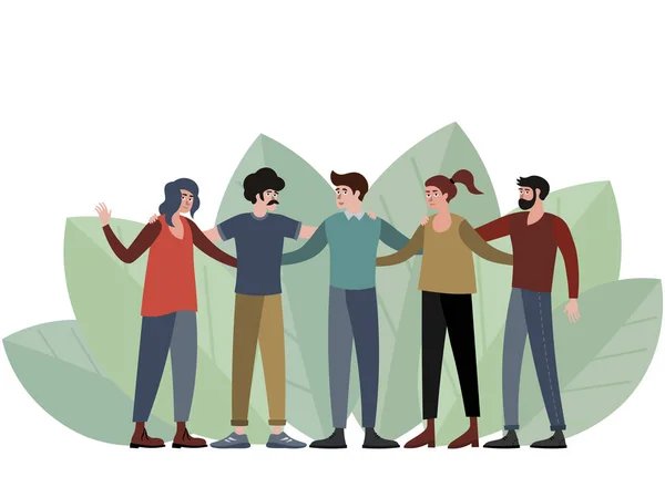 Five people, a group of friends posing for a photo. In minimalist style Cartoon flat raster — ストック写真