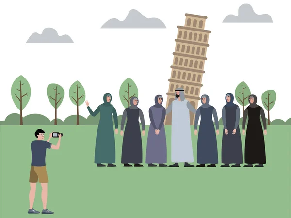무슬림 가족에, 창녀를 데리고 있는 남자. 매력의 배경 인 리빙 타워 를 배경으로 사진을 찍었다. 에 나오는 미니멀리즘 만화 플랫 래스터 — 스톡 사진