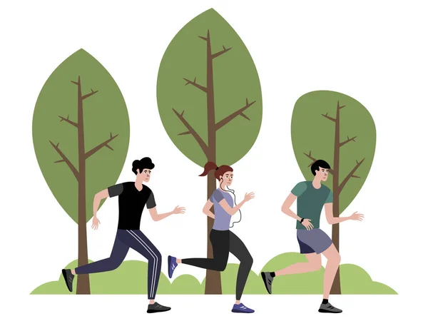 A companhia de atletas a correr no parque. Em estilo minimalista Cartoon raster plana — Fotografia de Stock