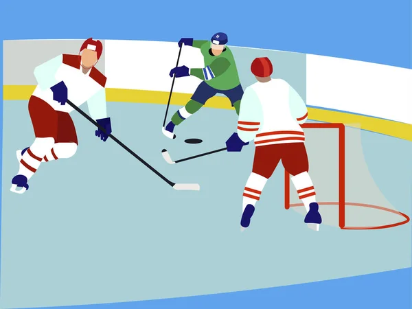 Sports match, men play hockey. In minimalist style Cartoon flat raster — ストック写真
