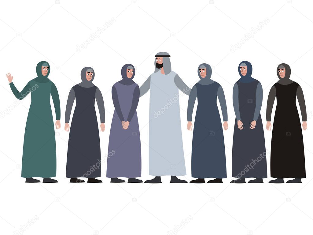 Muslim family, man with a harem. In minimalist style Cartoon flat raster, isolated on white background