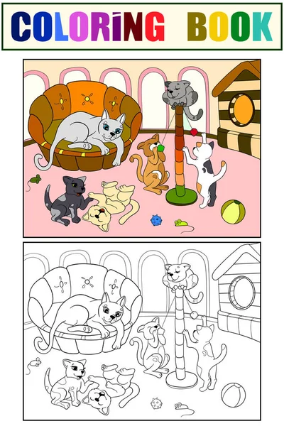 Niños color y colorear libro de dibujos animados de la familia sobre la naturaleza. Mamá gato y gatitos niños — Archivo Imágenes Vectoriales