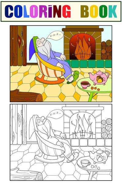 Kinderkleuren en kleurboek cartoon. Het interieur van het huis, de fee dwerg slaapt in de buurt van de open haard. — Stockvector