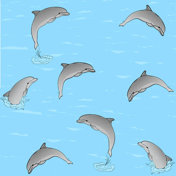 Απρόσκοπτη ανάπαυση στη θάλασσα, τρία δελφίνια παίζουν στο νερό. — Διανυσματικό Αρχείο