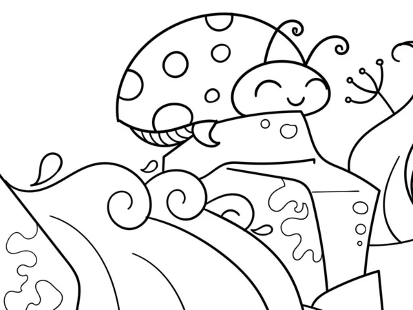 Coccinellidae. Niños colorear. Líneas negras, fondo blanco. Insecto, mariquita en una piedra. Vector — Archivo Imágenes Vectoriales