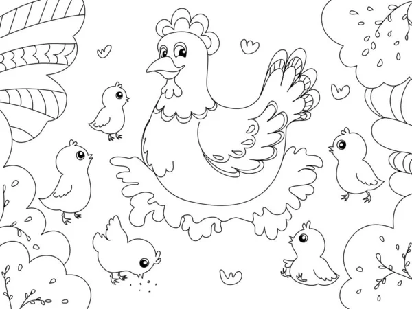 Crianças a colorir. Mãe de galinha com galinhas. Linhas pretas, fundo branco. Vetor — Vetor de Stock