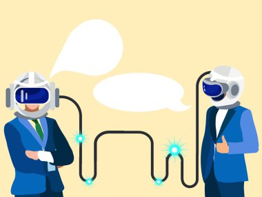 Technologies of the future. Two businessmen communicate in thought. In minimalist style Cartoon flat vector
