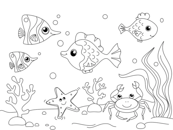 Niños colorear. El mundo submarino, el fondo del océano. Habitantes del mar, peces. Vector — Archivo Imágenes Vectoriales