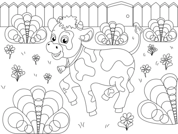 Crianças coloração, animal de fazenda. O bezerro joga na clareira. Desenhos animados vetoriais —  Vetores de Stock