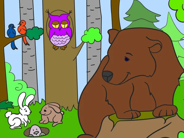 Imagen colorida, animales en el bosque. Oso, roedores y pájaros. Vector — Vector de stock