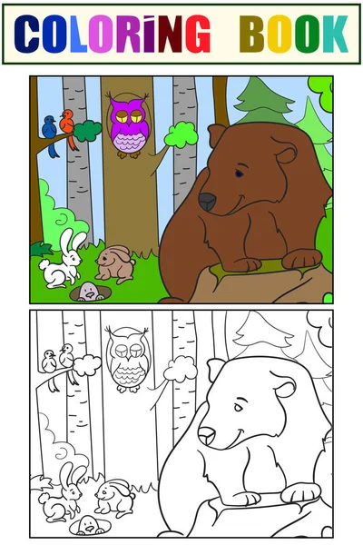Kolorowe i kolorowe zdjęcie, zwierzęta w lesie. Niedźwiedź, gryzonie i ptaki. Wektor — Wektor stockowy