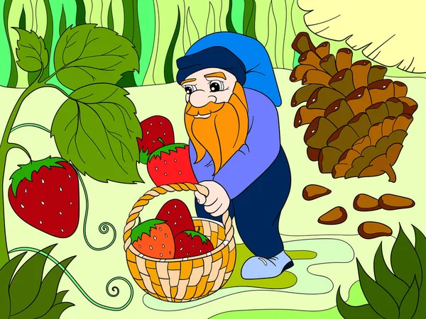 色、漫画、シーン。森の中のドワーフはイチゴ、ベリーを集めます. — ストックベクタ