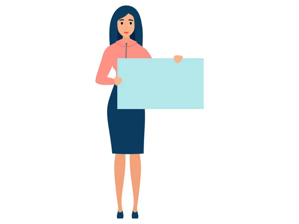 Office worker, woman with blank poster near. In minimalist style. Cartoon flat vector — 图库矢量图片