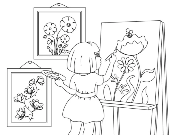 Niños colorear. Una chica hace dibujos, flores. Líneas negras, fondo blanco. vector de dibujos animados — Vector de stock