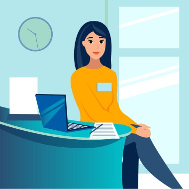 Kadın, ofis çalışanı, sekreter, iş yerinde yönetici. Minimalist tarzda. Çizgi film düz raster.