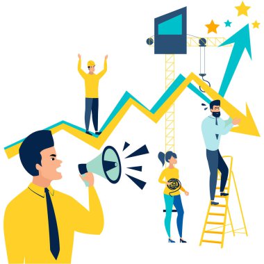 Şef personeline bağırıyor, sayıları artırıyor. Kötü patron. Minimalist tarzda. Çizgi film düz raster.