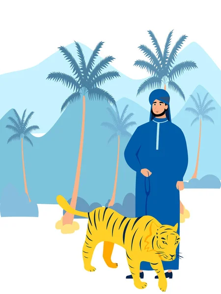 Sheikh árabe con tigre mascota. En estilo minimalista Dibujos animados raster plano — Foto de Stock