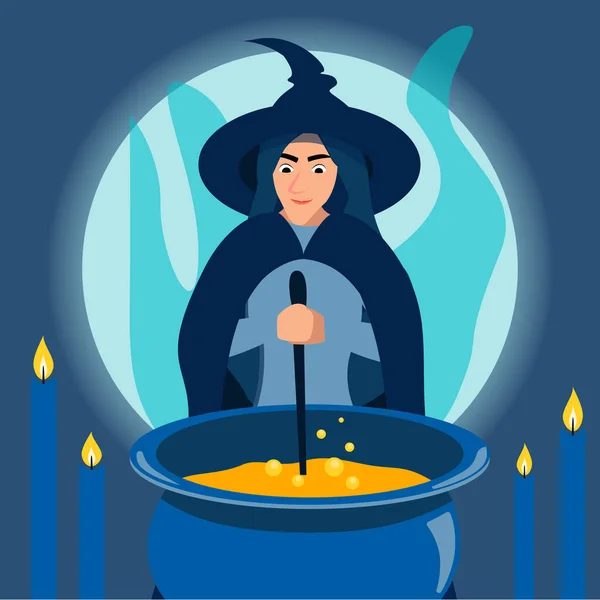 優しい女の魔女が釜の中に鍋を持ち込む。ゴシック。ミニマルなスタイル。漫画フラットラスター — ストック写真