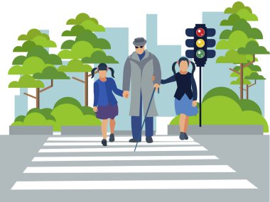 Çocuklar yaşlı adam Raster Illustration 'un dairesine yardım ediyor.