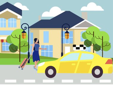 Kız taksi çağırır, şehir caddesinden arabaya doğru yürür. Minimalist tarzda Karikatür düz raster