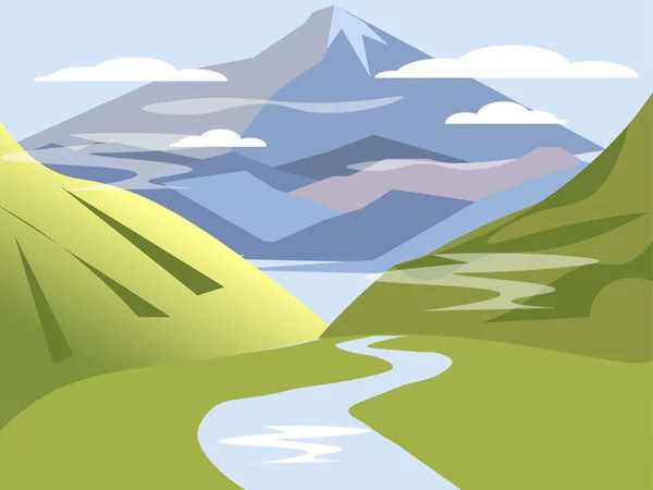 Background, landscape. Valley of hills with river and mountains. In minimalist style Cartoon flat raster