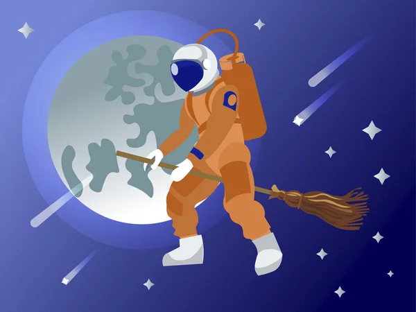 Astronautul zboară pe o mătură din spaţiul cosmic. Fantezie. În stil minimalist. Desene animate plat raster — Fotografie, imagine de stoc