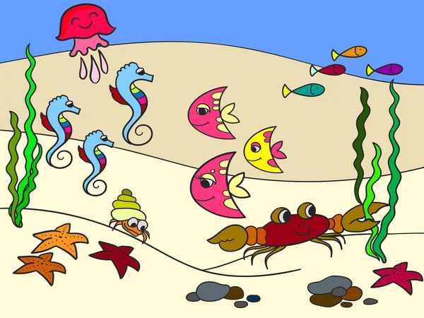 Undervattensvärlden, havsbotten med dess invånare. Tecknad vektor — Stock vektor