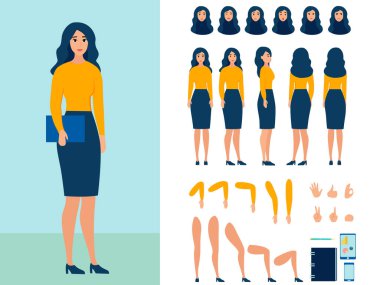 Düz bir tarzda güzel bir iş kadını müteahhidi. Bacak ve ellerin vücut parçaları, yüz duyguları, saç kesimleri ve el hareketleri. Vektör karikatür kızı
