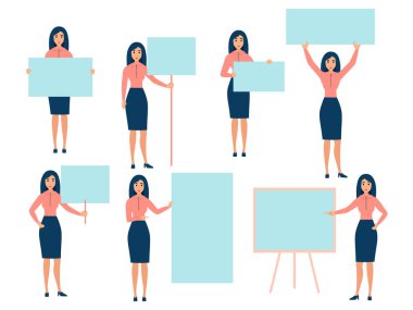 Set office worker, woman with blank big poster. In minimalist style. Cartoon flat vector
