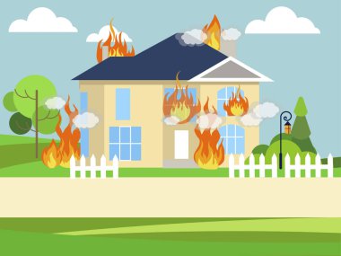 Fire, burning mansion, house. In minimalist style. Cartoon flat raster