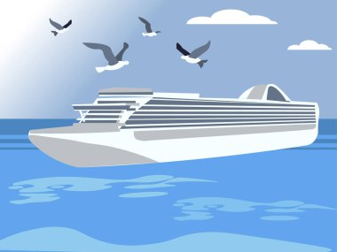 A large liner floats on the sea, a good vacation. In minimalist style. Cartoon flat raster