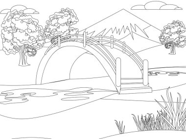 Japanese garden, nature, park. Mountain background. Bright, children drawing. In minimalist style. Cartoon flat raster coloring