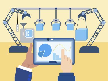 Mechanical warehouse management, robotization. In minimalist style Cartoon flat raster