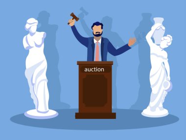 Sculpture Auction, winner. In minimalist style. Cartoon flat raster